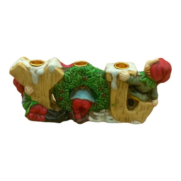 Robel Hall Ceramic JOY Christmas 3 Elves Pixies Candle Holder Vintage - Picture 2 of 10